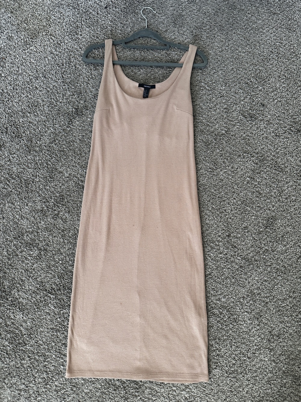 Forever 21 Ribbed Tank Midi Dress Beige Taupe Bodycon Stretch Lined Medium